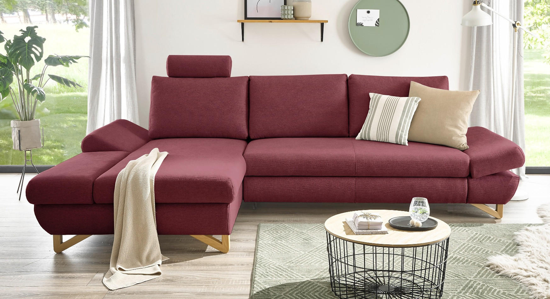 ECKSOFA bordeaux Velours, Wohnzimmer Sofa - Bordeaux, Holz/Textil (166/284cm) - Furn.Design
