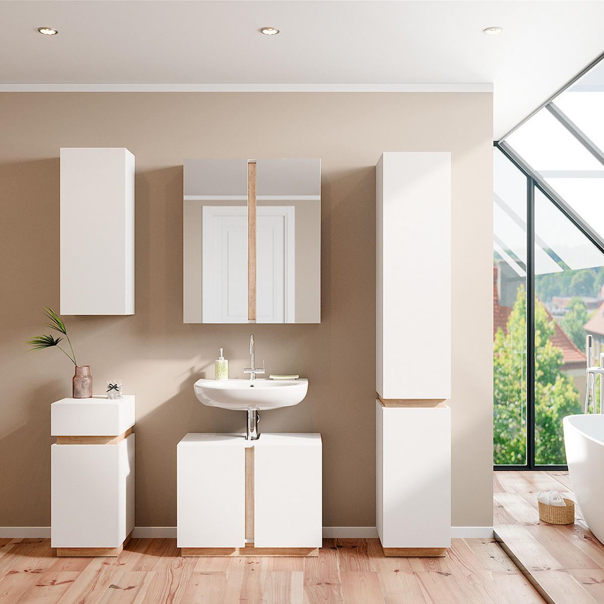 BADMÖBEL-SET Gloria Weiß 5 Teile - Weiß/Sonoma Eiche, Holzwerkstoff (70/55/34cm) - Vicco