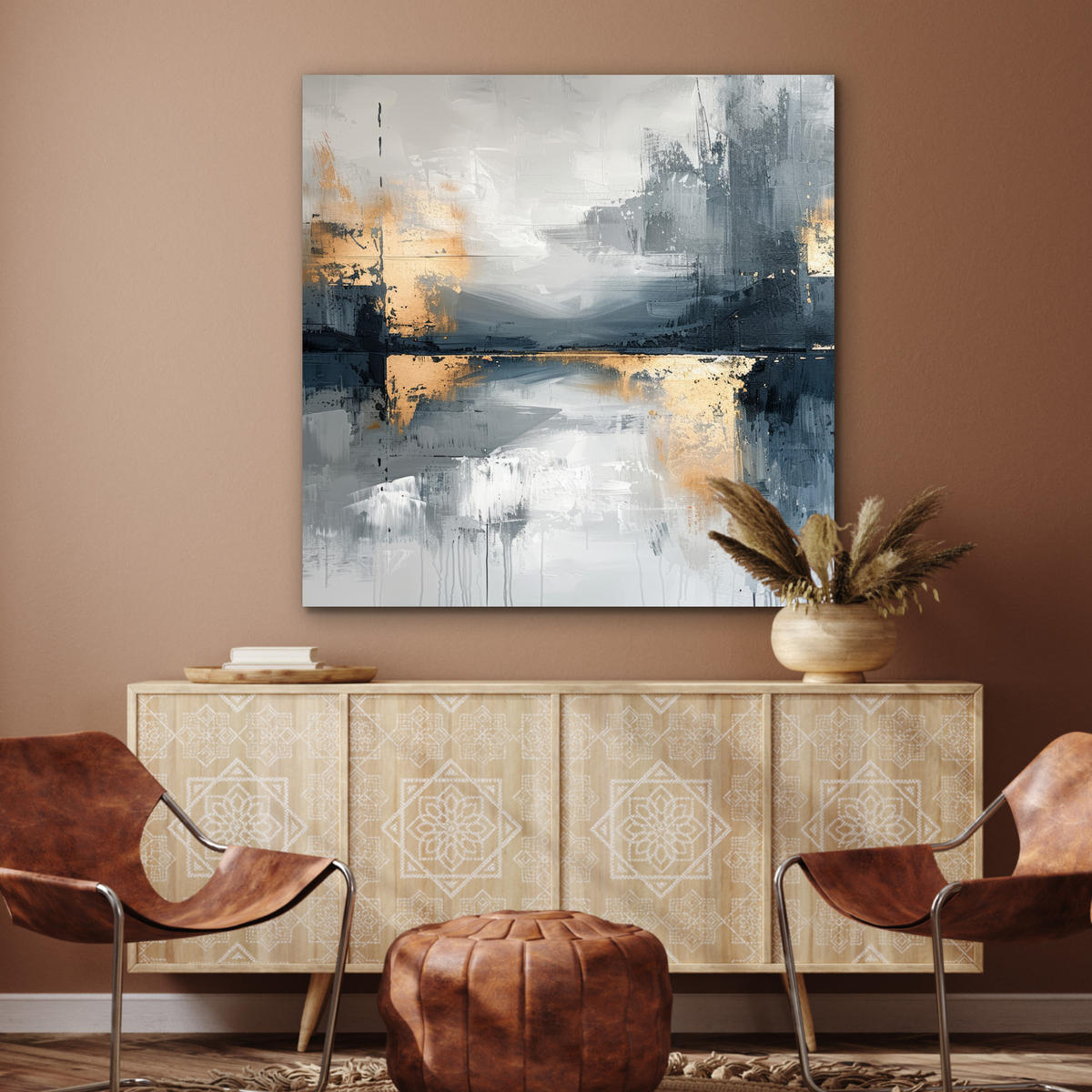 KOVOVÝ OBRAZ Umenie - sivé - zlaté - abstraktné 90x90 cm - tmavosivá, kov (90/90cm) - MuchoWow