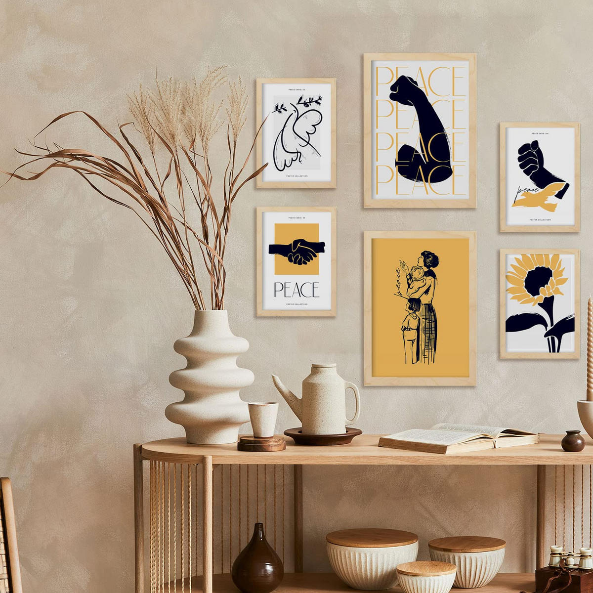 POSTER Set Mit 6 In Schwarzer Tinte Frieden Und Kraft A3 & A4 Rahmenlos - Klar, Papier (29/3cm) - Nacnic