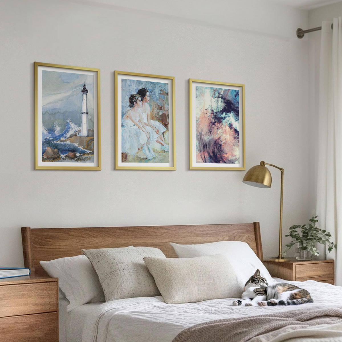 WANDBILDER 3er Set - 40x60 cm Goldrahmen - Leuchtturm-Abstrakte Tänzerin - Goldfarben, Kunststoff (40/60cm) - ArtPrintCave