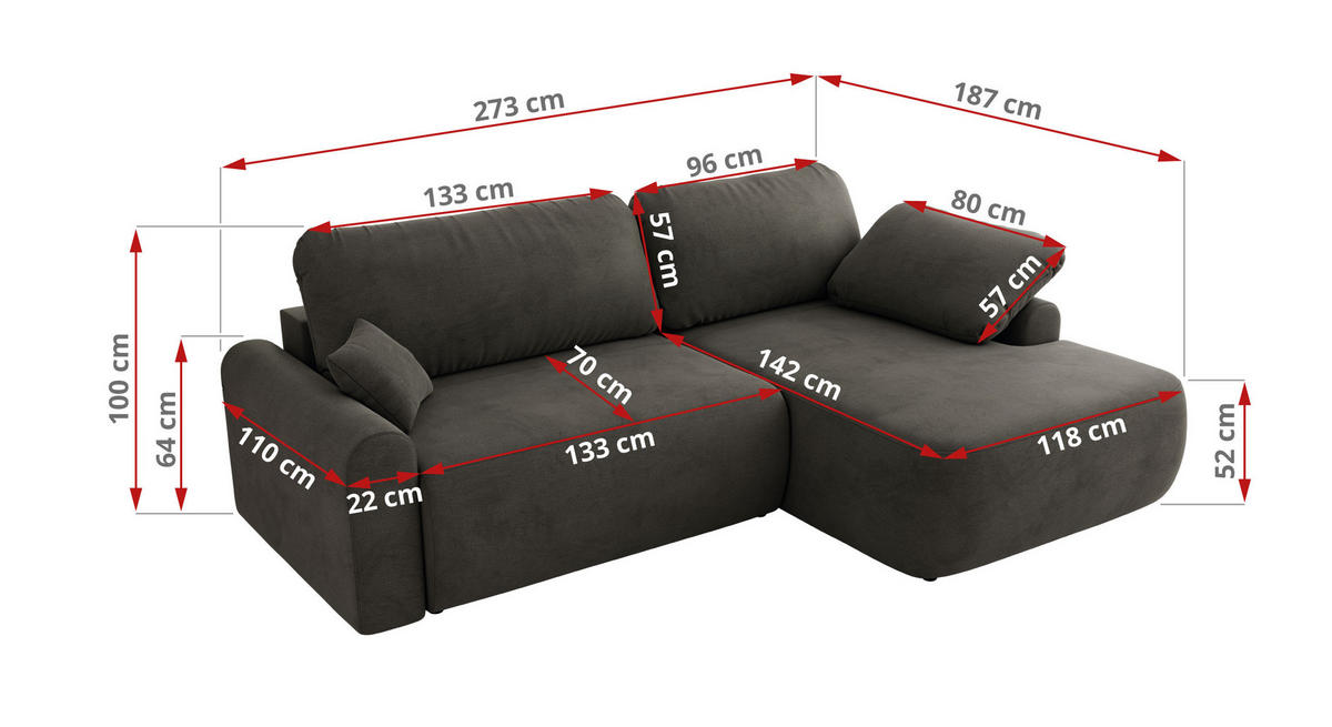 ECKSCHLAFSOFA CUBO L Dunkelgrau Velvet - rechts - Dunkelgrau/Schwarz, Kunststoff/Textil (187/273cm) - MKS