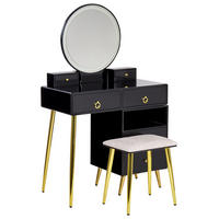 SCHMINKTISCH mit rundem LED-Spiegel Hocker 6 Schubladen schwarz/gold Yves - Goldfarben/Schwarz, Holzwerkstoff (98/133/38cm) - Beliani