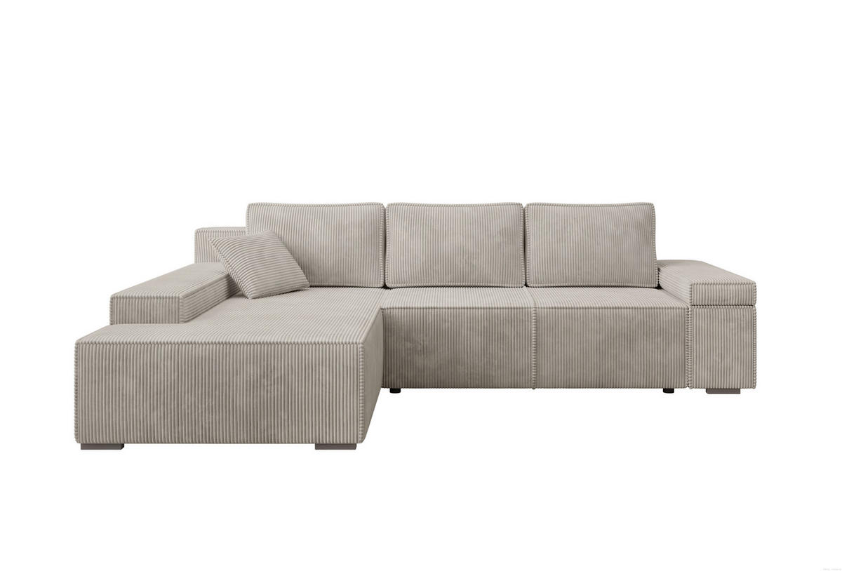 ECKSOFA Milo mit Schlaffunktion und Bettkasten, Couch L-Form, Cord-Stoff, 273x85x185 cm, Beige - Beige, Holz (185/273cm) - PROMETO Möbel