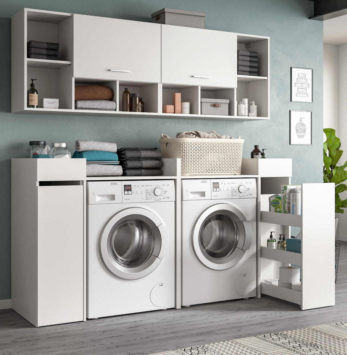 WASCHMASCHINENSCHRANK weiß Set 6-teilig 190 cm, Waschmaschinenumbau mit Stauraum - Silberfarben/Weiß, Glas/Holzwerkstoff (190/195/60cm) - Inn.Furn