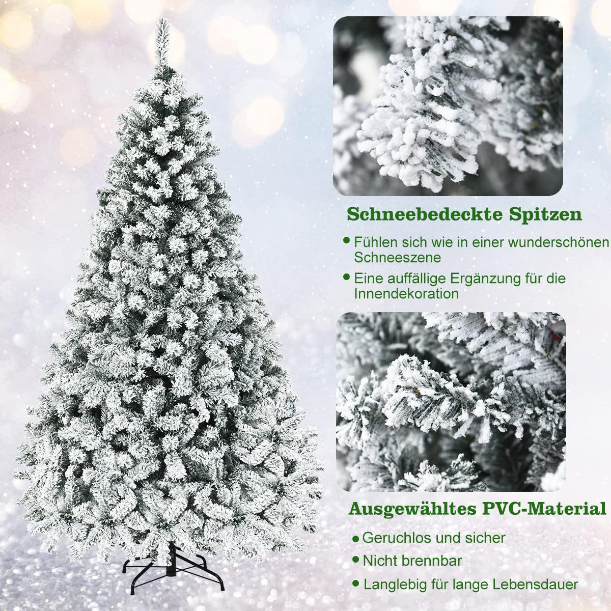 WEIHNACHTSBAUM mit Schnee und warmweissen LED-Lichtern 225cm Weiß - Weiß, Metall (225cm) - COSTWAY