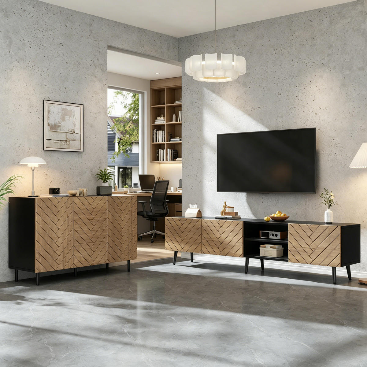 WOHNZIMMER-SET in Holzfarbe Wohnzimmermöbelset mit Lowboard und Sideboard für Wohnzimmer - Schwarz/Naturfarben, Holzwerkstoff/Metall (180/45/33.5cm) - STILVORA