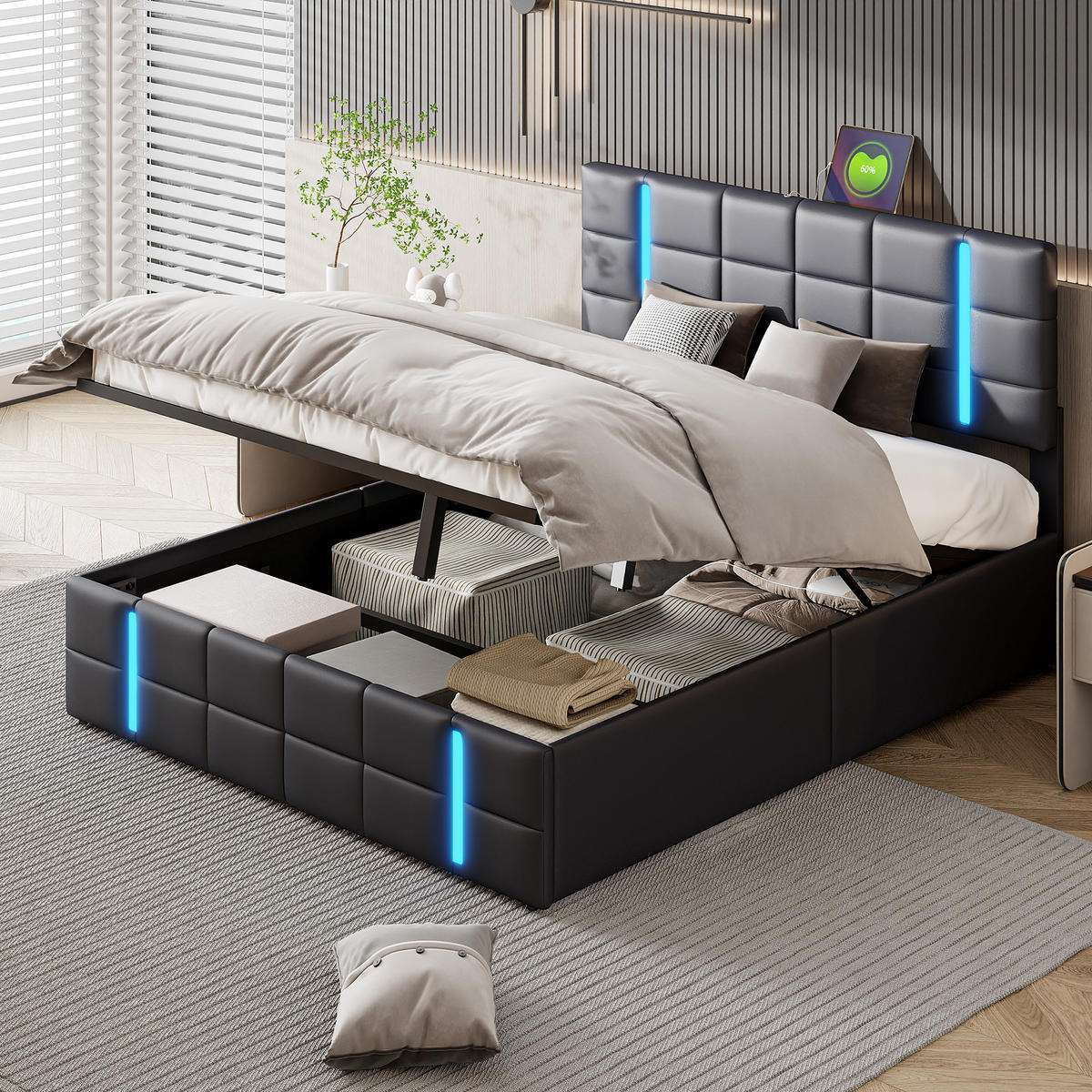 POLSTERBETT 140x200 cm LED USB Stauraum Lattenrost PU Leder schwarz - Schwarz, Holz (140/200cm) - LEBENLANG