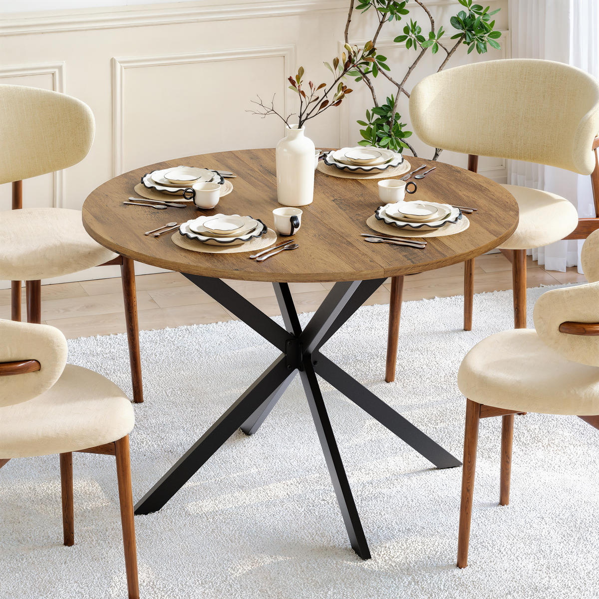 COUCHTISCH 120cm Runder Esstisch-Landhausstil Mit X-Beinen Retro-Braun Für 4-6 Personen - Braun, Holz (120/120/78cm) - Raelunyi