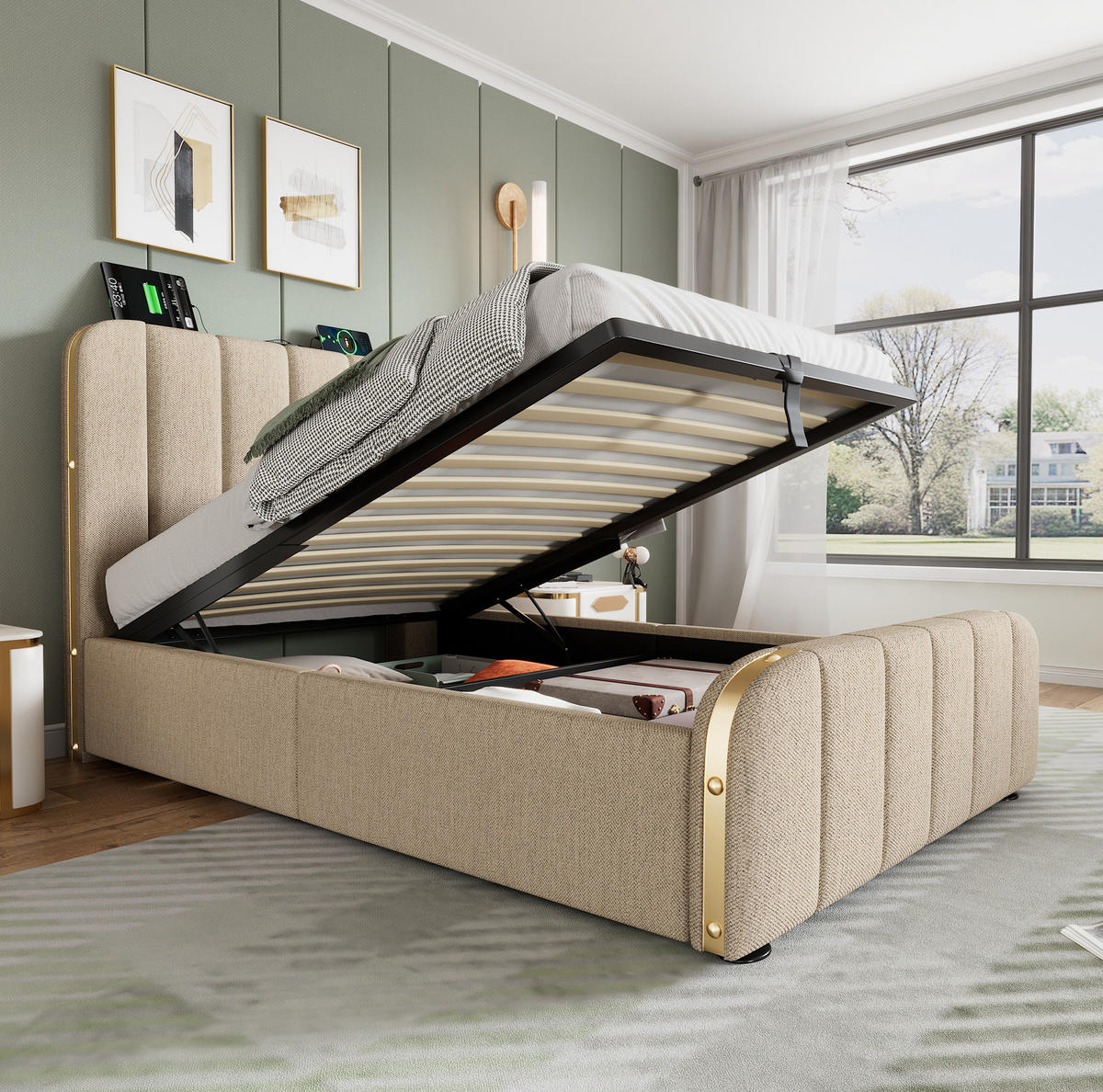 POLSTERBETT 90/200 cm mit USB-/Typ-C-Anschluss, hydraulischem Bettkasten und Matratze, Beige - Beige, Textil (90/200cm) - Redom