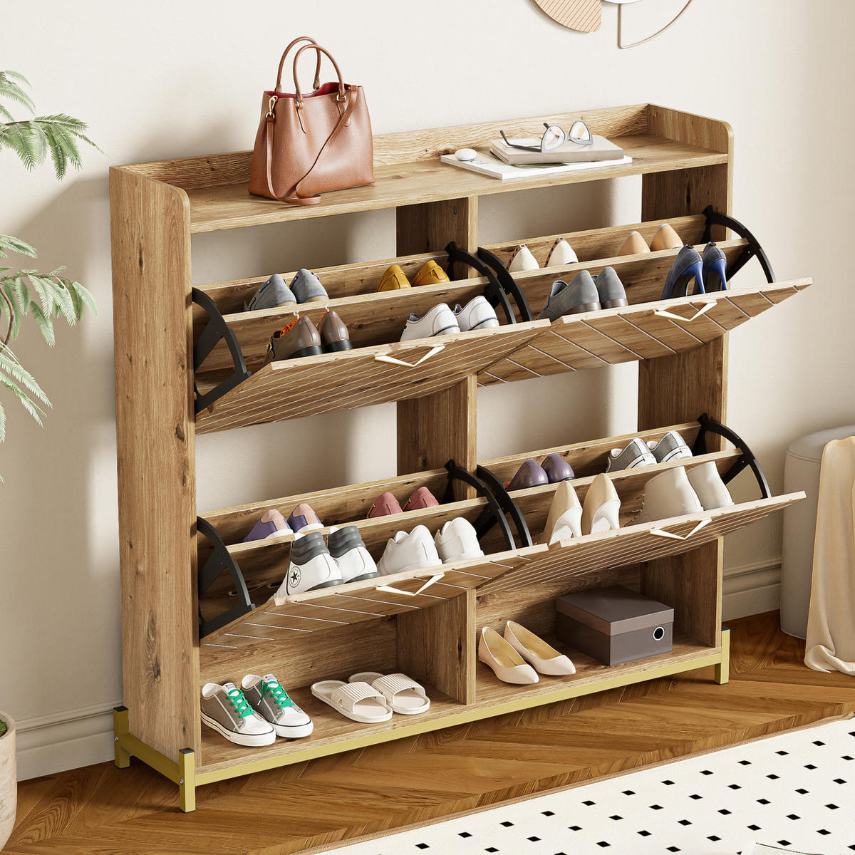 SCHUHSCHRANK in Holzoptik mit 4 Klappen, Schuhkipper für Flur und Diele - Naturfarben, Holz (108/100/24cm) - PARAFTA HOME