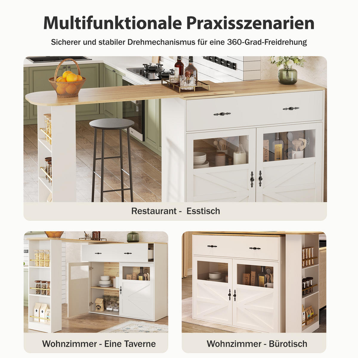 BARTISCH ausziehbar mit Stauraum & 360° drehbar, 138-204/39/104 cm, Weiß - Weiß, Holzwerkstoff (39/104/138cm) - Redom