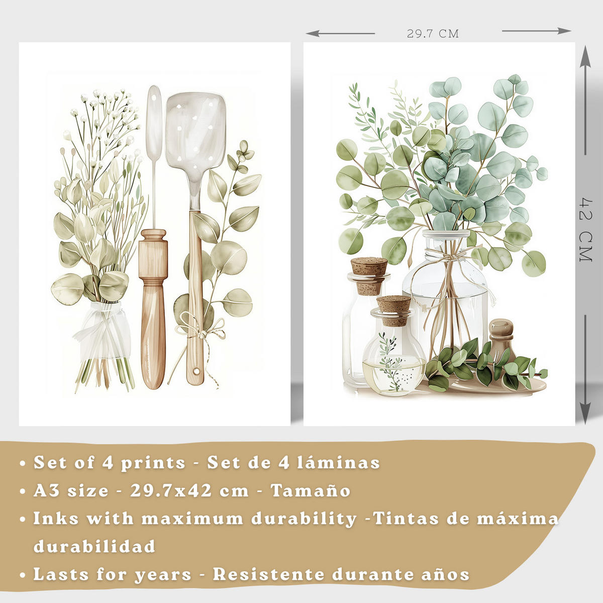 PLAKAT Sada 4 dekorativních nástěnných tisků, Botanická kuchyně. Bohémský venkovský styl. Rustikální kuchyně. Zelené rostliny. Velikost Bílý rám A3 - bílá, papír (29.7/42/3cm) - Nacnic