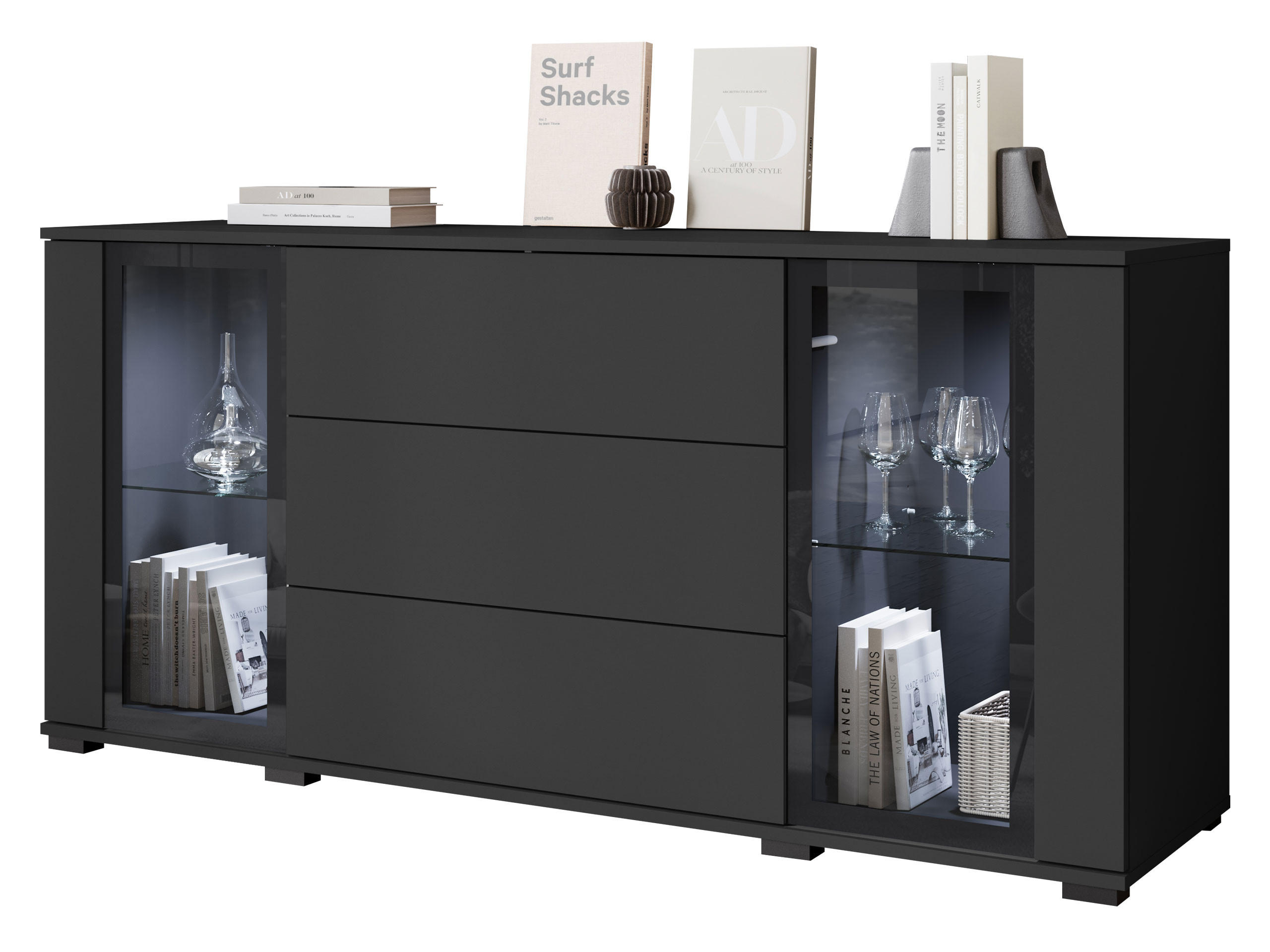 SIDEBOARD Caro SB 150 2D3S mit weißer LED Beleuchtung - Schwarz, Holzwerkstoff/Kunststoff (150/70/40cm) - MIRJAN24