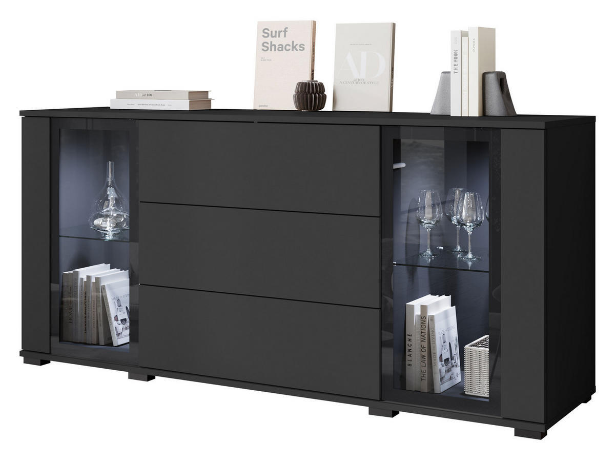 SIDEBOARD Caro SB 150 2D3S mit weißer LED Beleuchtung - Schwarz, Holzwerkstoff/Kunststoff (150/70/40cm) - MIRJAN24