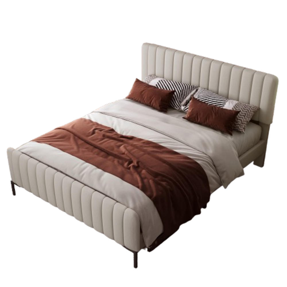 OKWISH ČALOUNĚNÁ postel 140/200 cm šedo-béžová z lnu s matrací a nastavitelným čelem