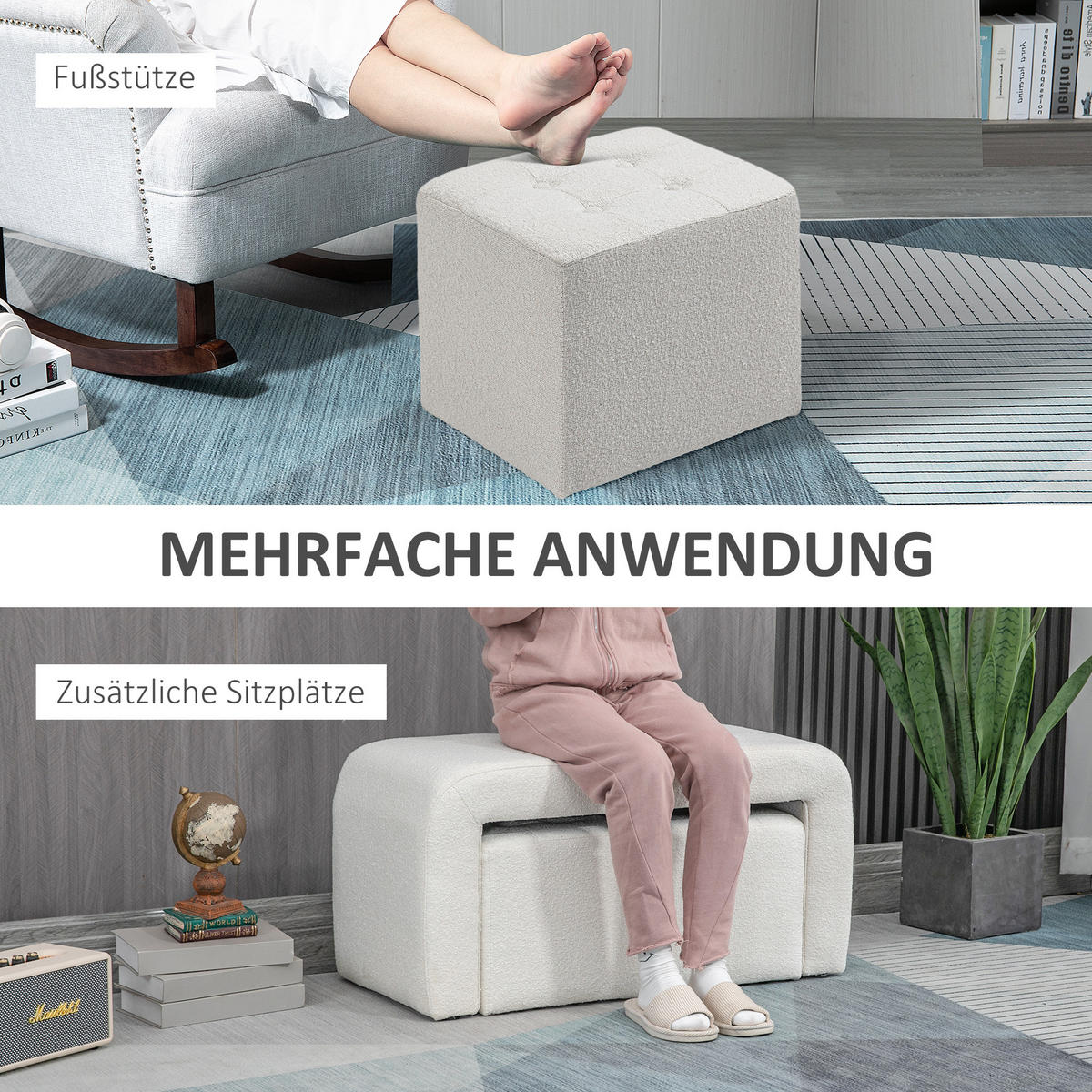 FUSSHOCKER 3 tlg., Sitzhocker, Weiß - Weiß, Kunststoff (42.5/45/89cm) - HOMCOM