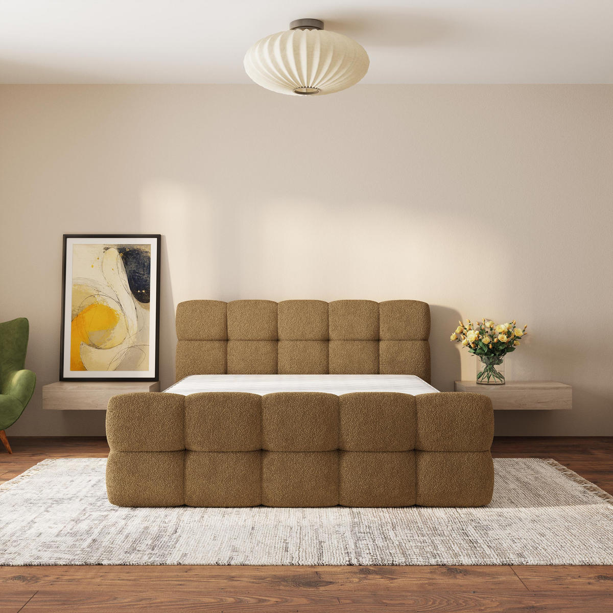 ČALOUNĚNÁ POSTEL ELIZJA 160x200 cm, s úložným prostorem, Medová - QUELLE 17 - pomerančová, dřevo/textil (160/200cm) - MASSENO