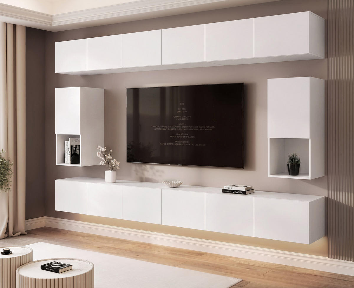 WOHNWAND ANGEL LINE IV 4-teilig, mit LED-Beleuchtung, Weiß matt - Weiß, Holzwerkstoff (300/162/40cm) - Idohome