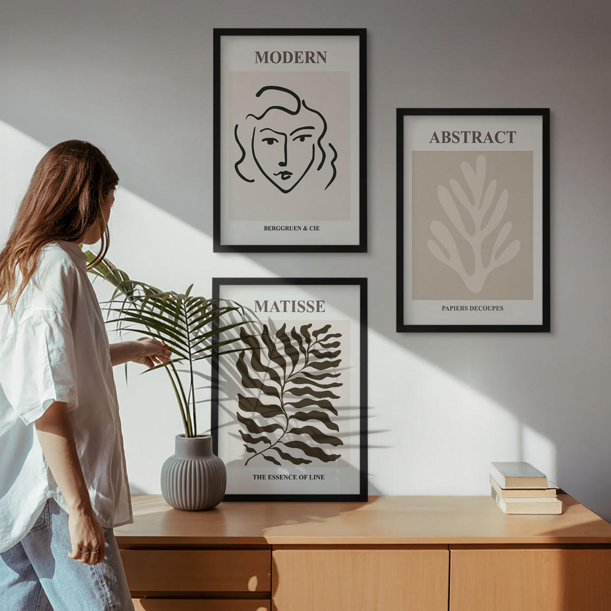 WANDBILDER 3er-Set - 40x60 cm Schwarzer Rahmen - Gesicht Blätter Kunst Matisse - Schwarz, Kunststoff (40/60cm) - ArtPrintCave