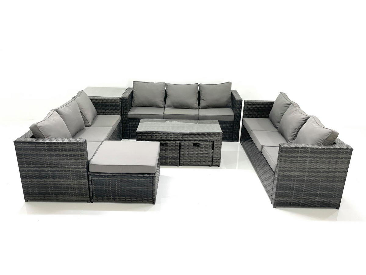 GARTENMÖBEL COUCHTISCH SET mit Sofa Polyrattan Outdoor 12-Sitzer - Dunkelgrau/Grau, Glas/Kunststoff - Fimous