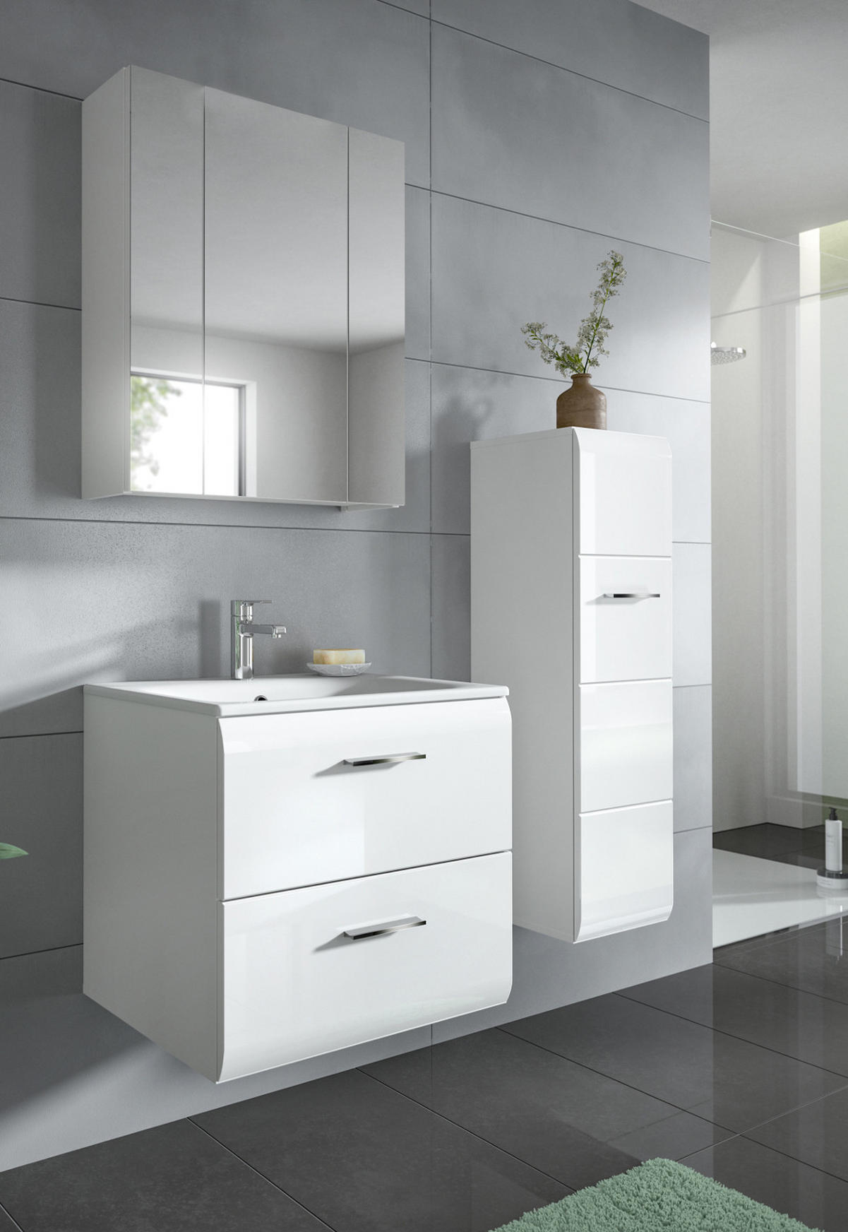 BADMÖBEL-SET weiß Hochglanz 3-teilig 105 cm, Komplettset inklusive Waschbecken - Weiß Hochglanz/Silberfarben, Glas/Holzwerkstoff (105/185/46cm) - Inn.Furn