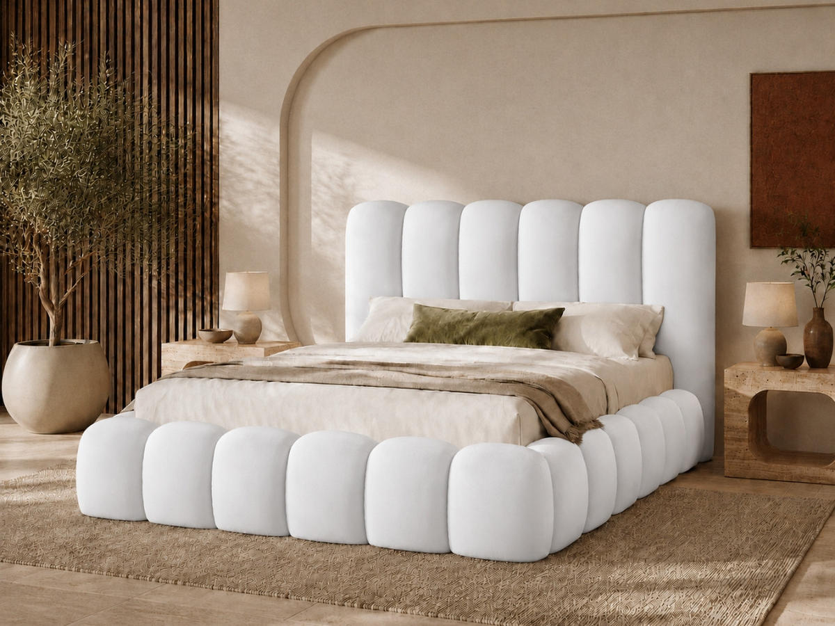 POLSTERBETT MELLOW 140x200 cm in Weiß , gepolstertes Kopfteil, Lattenrost, Bettkasten, Velvet-Stoff - Weiß, Holz/Textil (140/200cm) - EMLAR Home