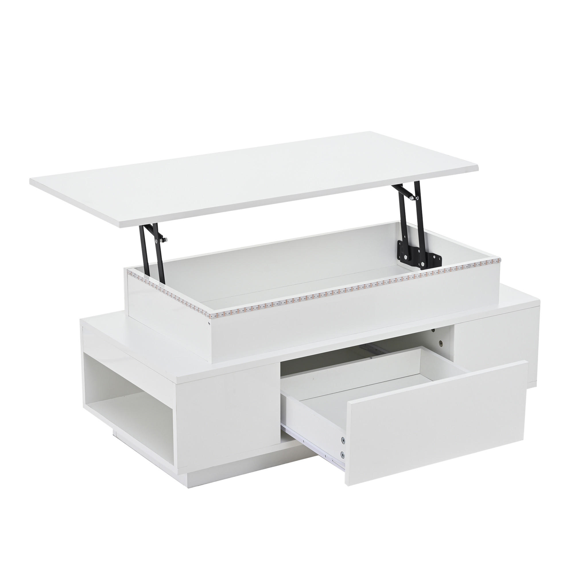 COUCHTISCH DE-37101 höhenverstellbar mit LED und Schublade Weiß - Weiß, Holzwerkstoff (96/45/40cm) - ComfortXL