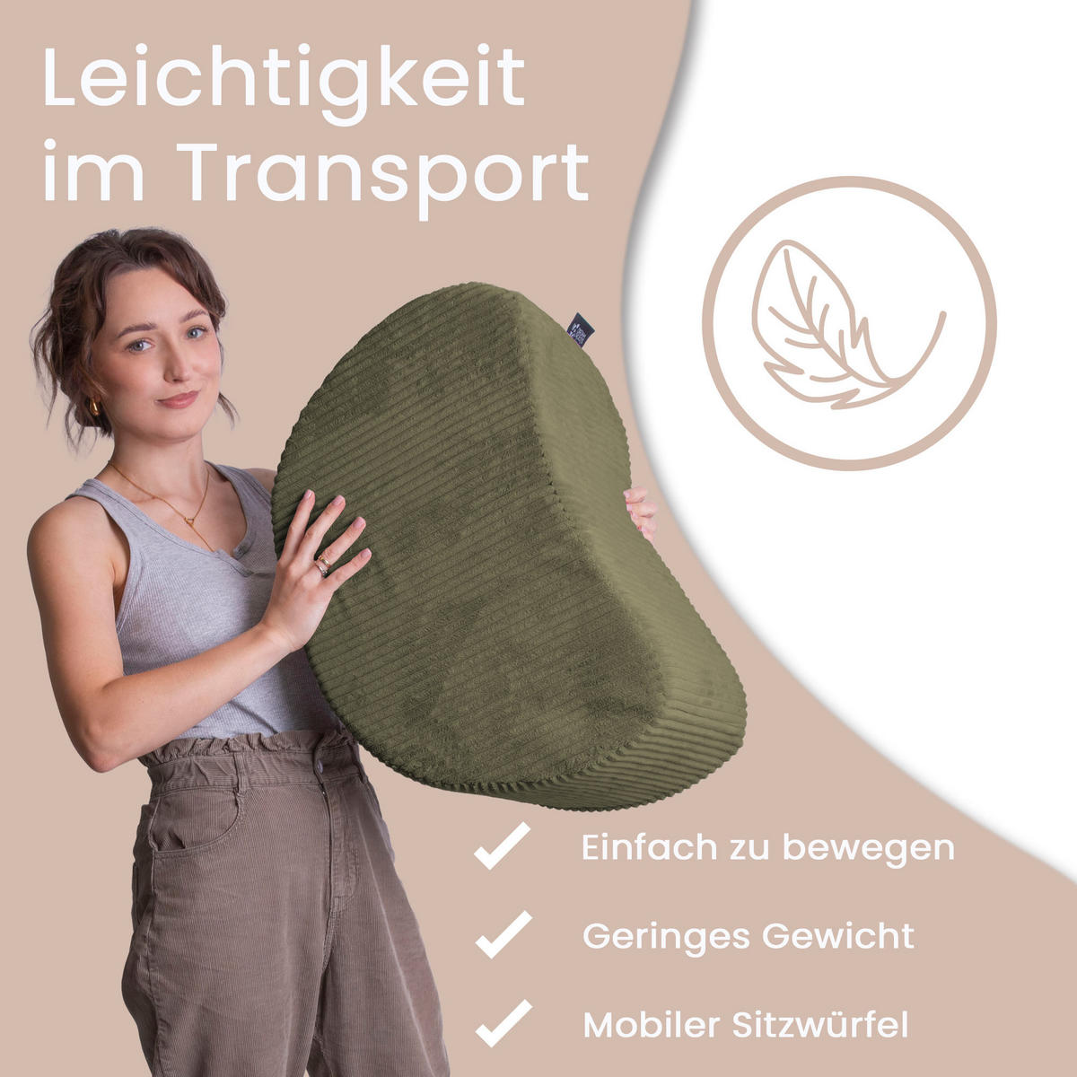 SITZSACK Halbmond 54/36/35 cm, weicher Cord 420 g/m², Olivgrün - Olivgrün, Textil (36/35/54cm) - Dreamroots