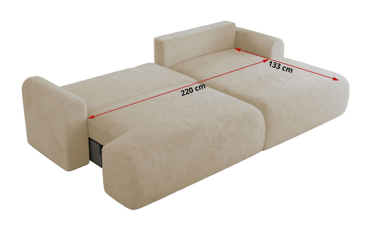 ECKSCHLAFSOFA TONO L Creme Plüsch - rechts - Creme/Schwarz, Kunststoff/Textil (150/260cm) - MKS