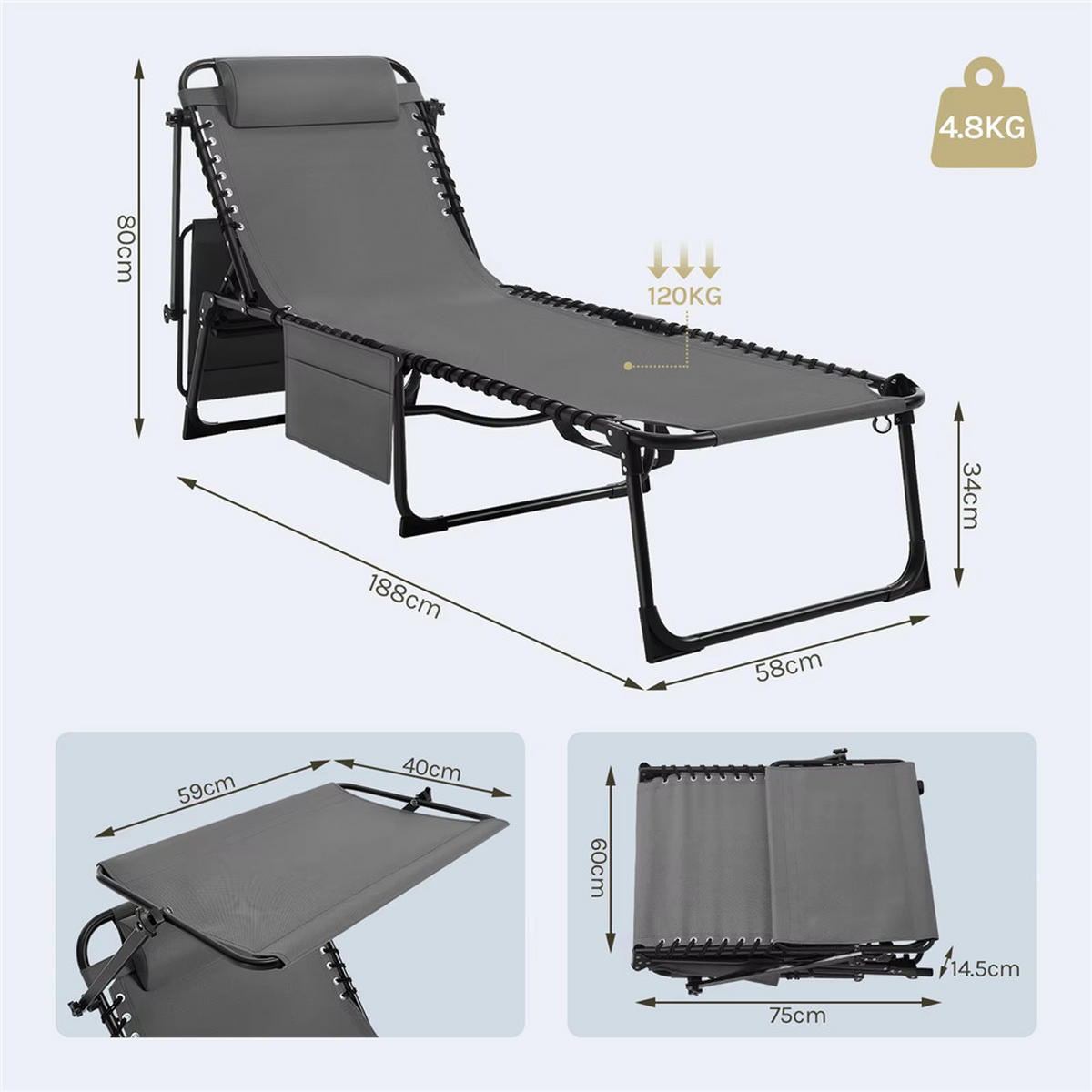 SONNENLIEGE Klappbar Verstellbare Rückenlehne Oxford - Grau, Metall (58/34/188cm) - Kaket