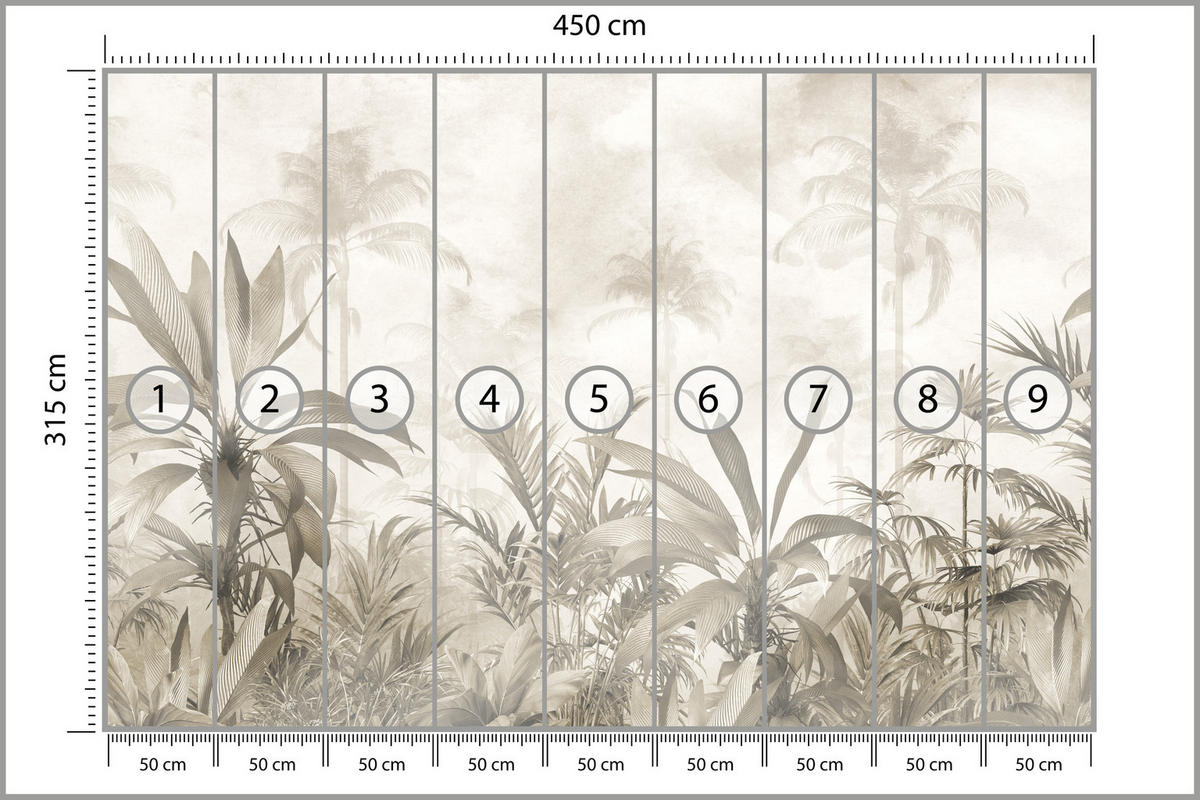 FOTOTAPETE für Wohnzimmer Vintage Tropischer Wald Palmen Blätter 450x315 - Beige/Grau, Papier (450/315cm) - Muralo