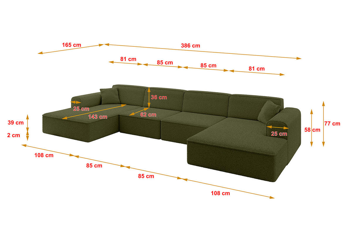 WOHNLANDSCHAFT IREA-U2-v3 - 386x165x77 cm Grün - Platinfarben/Olivgrün, Holzwerkstoff/Textil (386/77/165cm) - ALTDECOR
