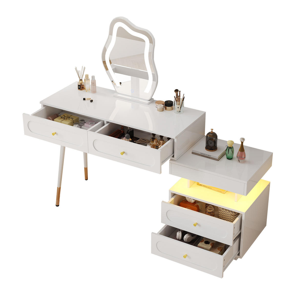 SCHMINKTISCH 140/40/130 cm mit LED-Spiegel, 4 Schubladen und flexiblem Seitenschrank, Weiß - Weiß, Holzwerkstoff (40/130/140cm) - Redom