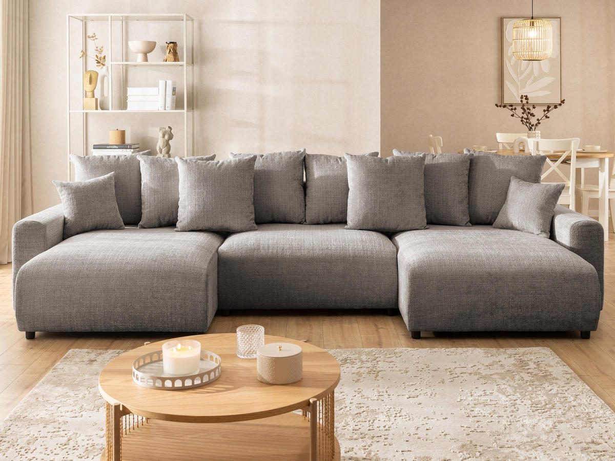 WOHNLANDSCHAFT Calma mit Schlaffunktion und Bettkasten im Bumpy-Design aus weichem Taupe Chenille-Stoff - Taupe/Schwarz, Holz/Kunststoff (336/88/140cm) - S-Style Möbel