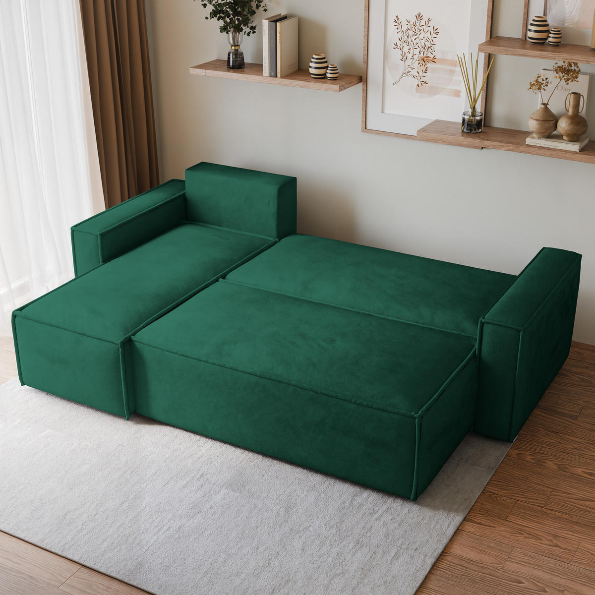 ECKSOFA RAVELO M Grün Velours-Stoff mit Schlaffunktion - Grün, Holz (240/140cm) - MASSENO
