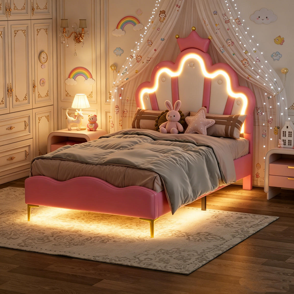 KINDERBETT 90 x 200 cm mit LED-Beleuchtung und höhenverstellbarem Kopfteil - Goldfarben/Rosa, Leder/Holz (90/200cm) - PARAFTA HOME