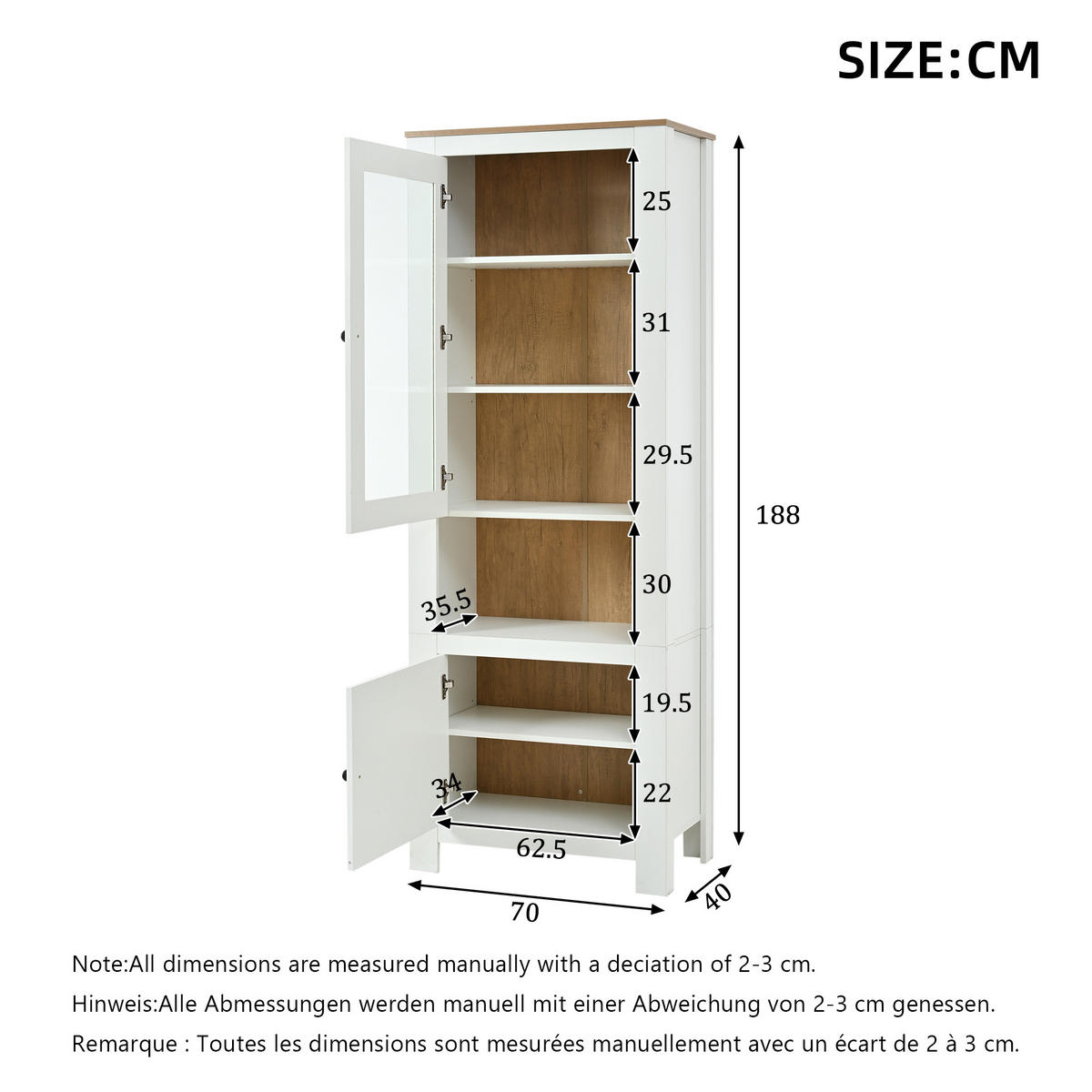 VITRINE LED Hochschrank Glas 188cm 6 Böden Weiß Holzoptik - Weiß, Holzwerkstoff (70/188/40cm) - FLIEKS