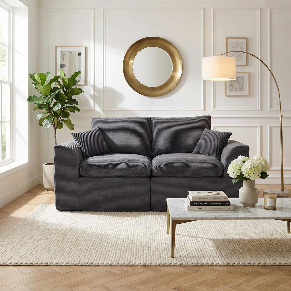 2-SITZER-SOFA XXL aus Cord mit Federkern-Polsterung Montagefrei - Dunkelgrau, Textil (204/84/102cm) - Urban Meuble