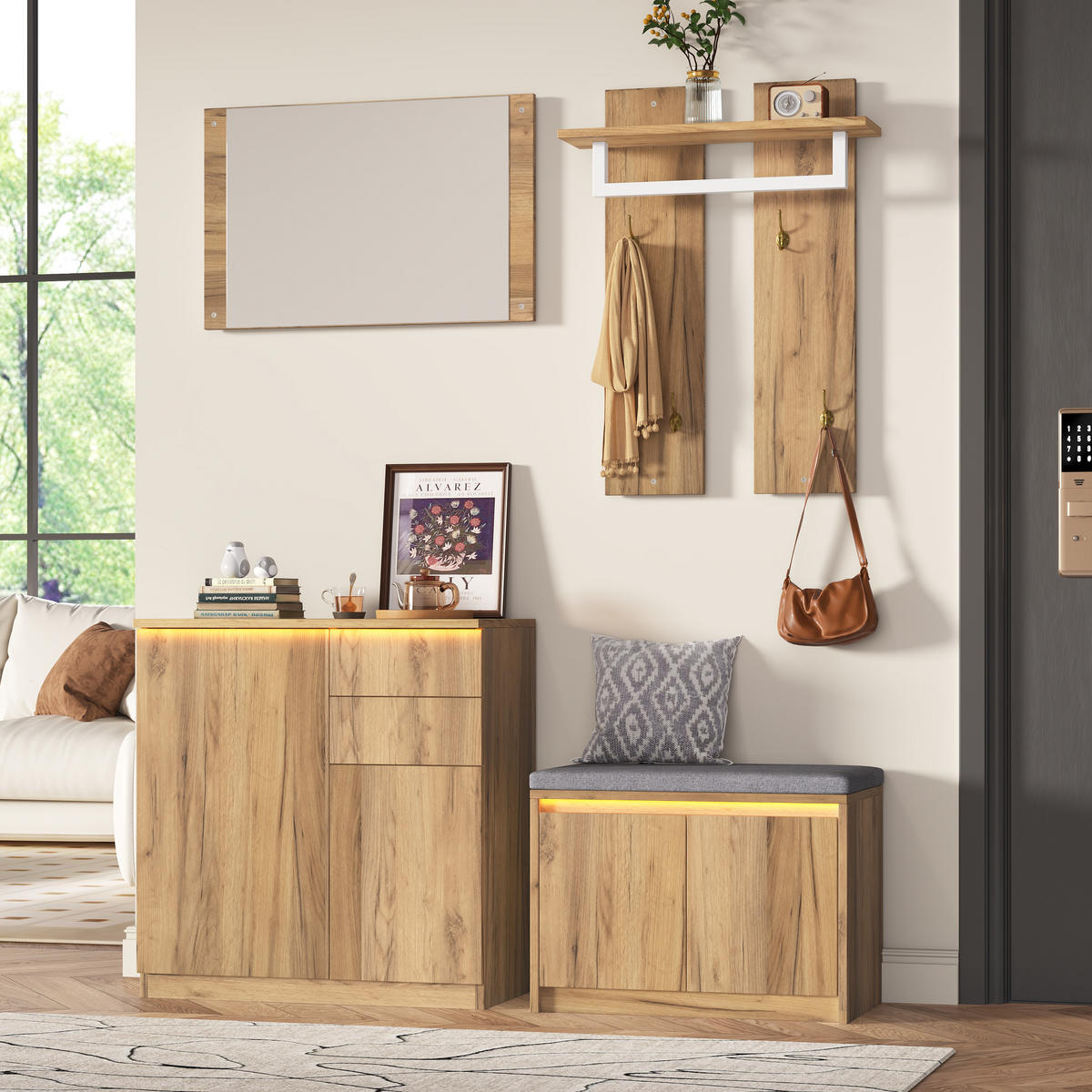 GARDEROBE 130x35x124.5cm mit Spiegel, LED und Schuhbank - Naturfarben, Holzwerkstoff (130/124.5/35cm) - FLIEKS