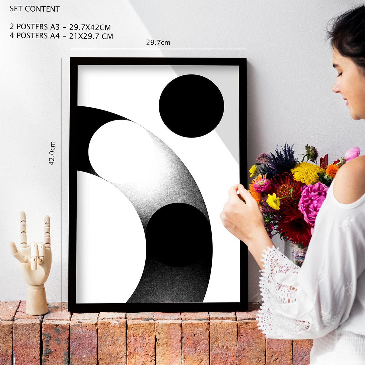 POSTER Set Mit 6 Stille Streifen In Liebhaber Abstrakt Ästhetische Dekorative Gemälde Für Ihr Wohnzimmer Zuhause A3 & A4 Rahmen Aus Hellem Holz - Beige, Papier (29/3cm) - Nacnic
