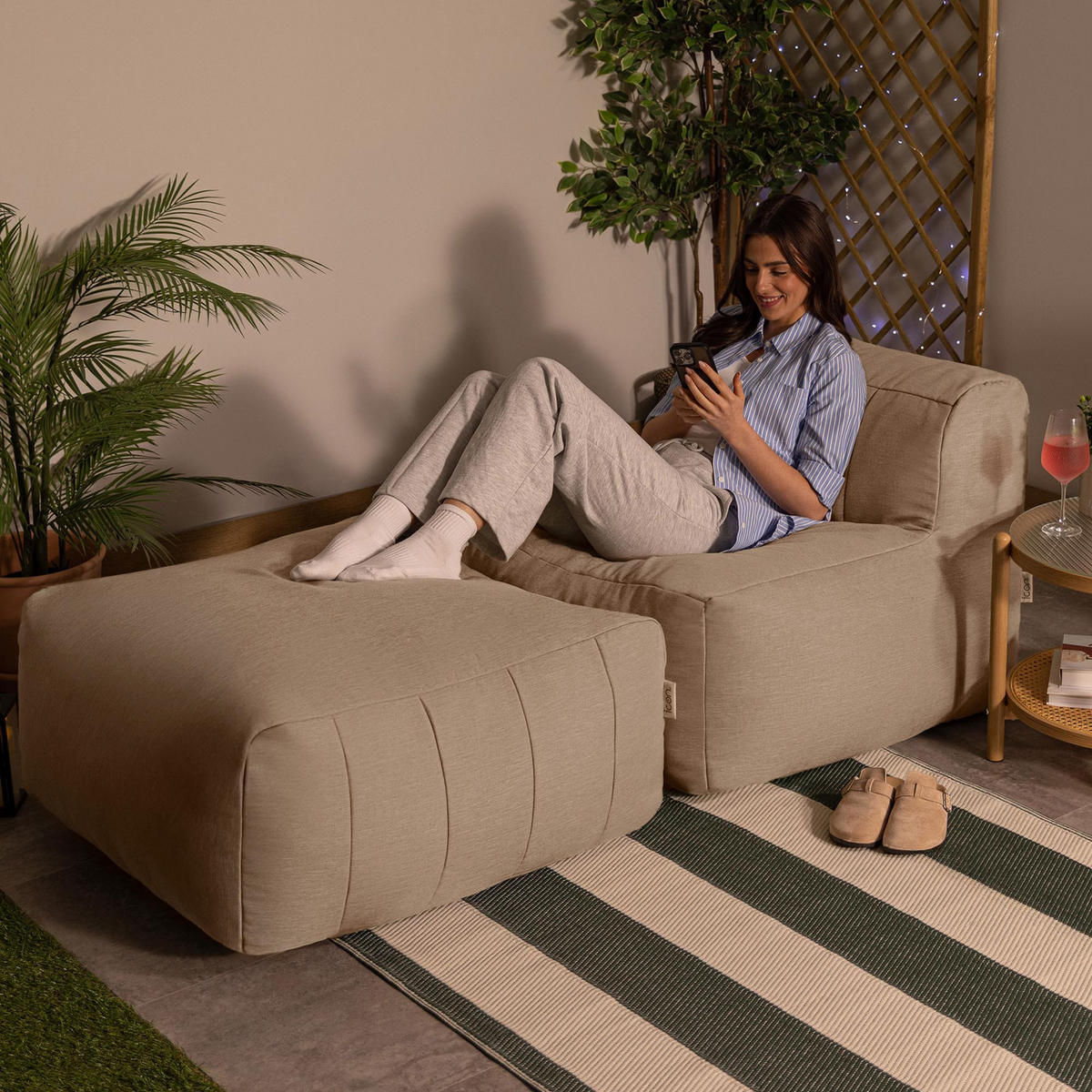 SITZSACK-SOFA Outdoor 2-tlg.: Sessel, Fußstütze - Beige, Textil (190/68/100cm) - icon