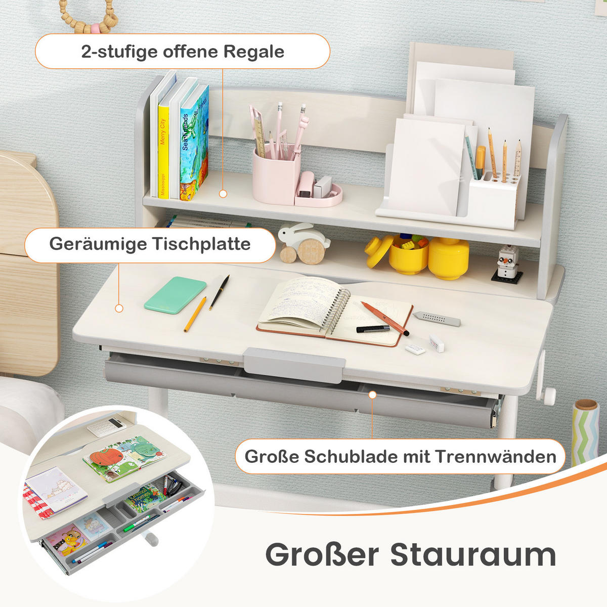KINDERSCHREIBTISCH Höhenverstellbarer grau - Grau, Metall (80/81.5/51cm) - COSTWAY