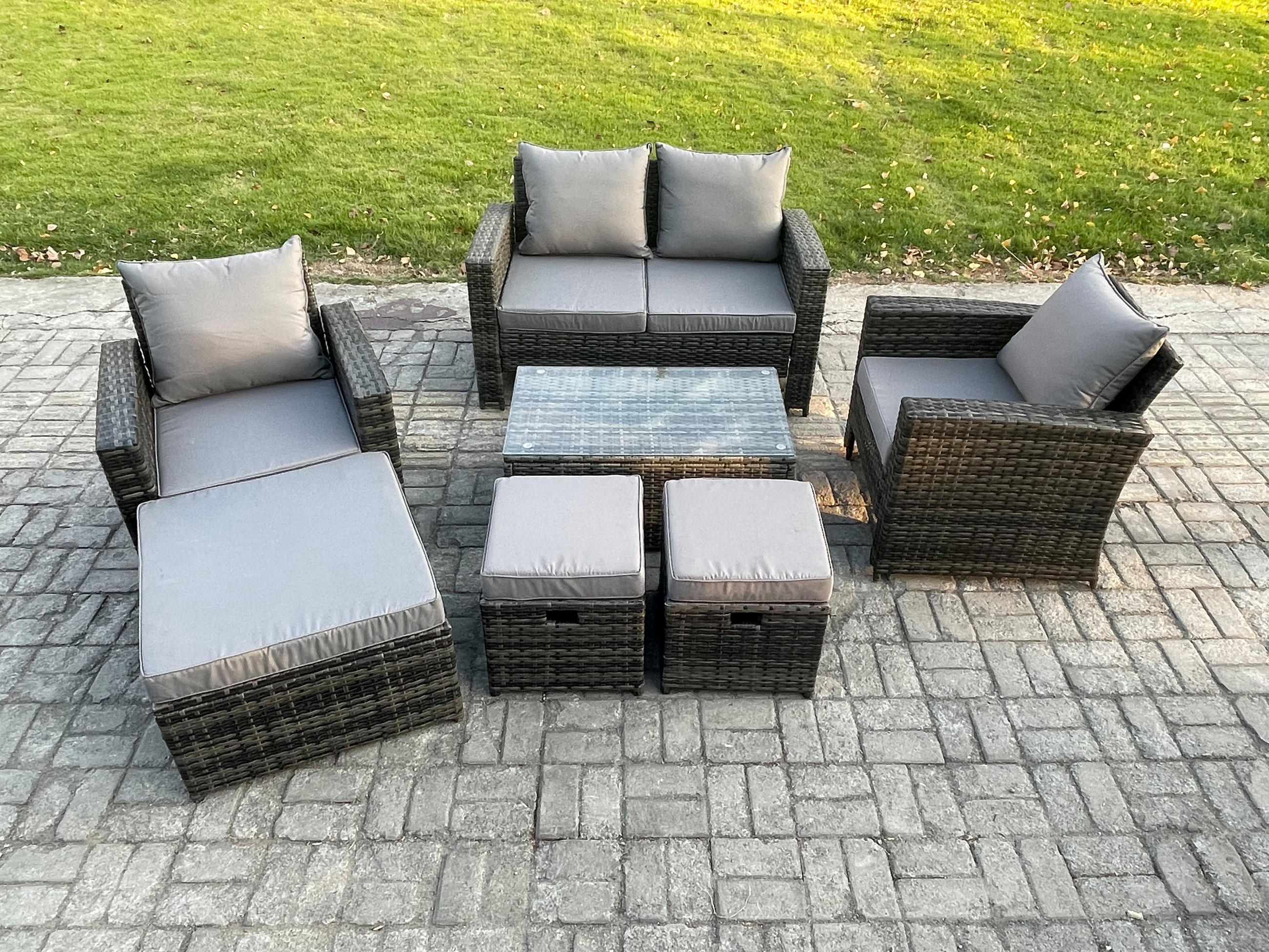 GARTENMÖBEL-SET mit Kissen Polyrattan Dunkelgrau 7-Sitzer - Dunkelgrau, Metall - Fimous