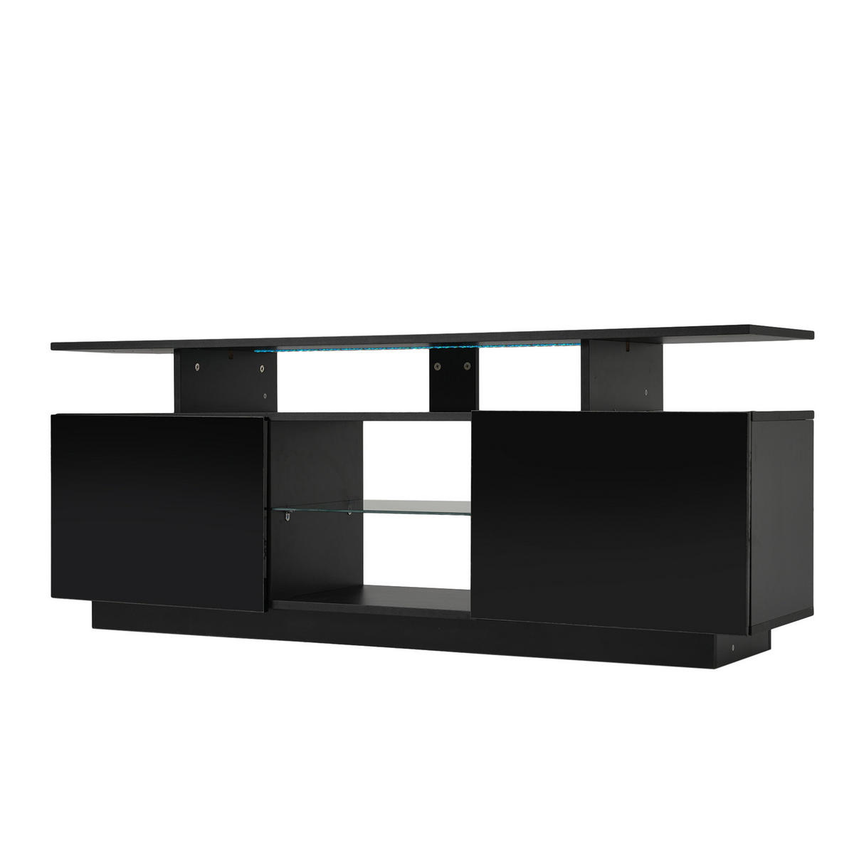 TV-SCHRANK aus Spanplatte 140x35x55 cm Schwarz mit LED-Beleuchtung, 2 Hochglanz-Türen und 5 offenen Fächern - Schwarz, Holzwerkstoff (140/55/35cm) - Modfu