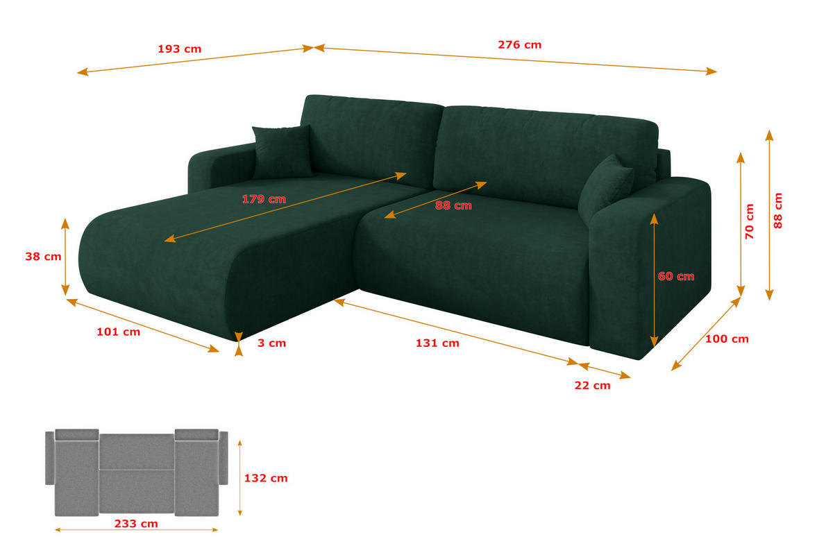 ROHOVÁ SEDAČKA s funkcí spaní, otoman vlevo BERY-L 276x193x88 zelená velur - černá/zelená barva, kompozitní dřevo/textil (276/193cm) - ALTDECOR