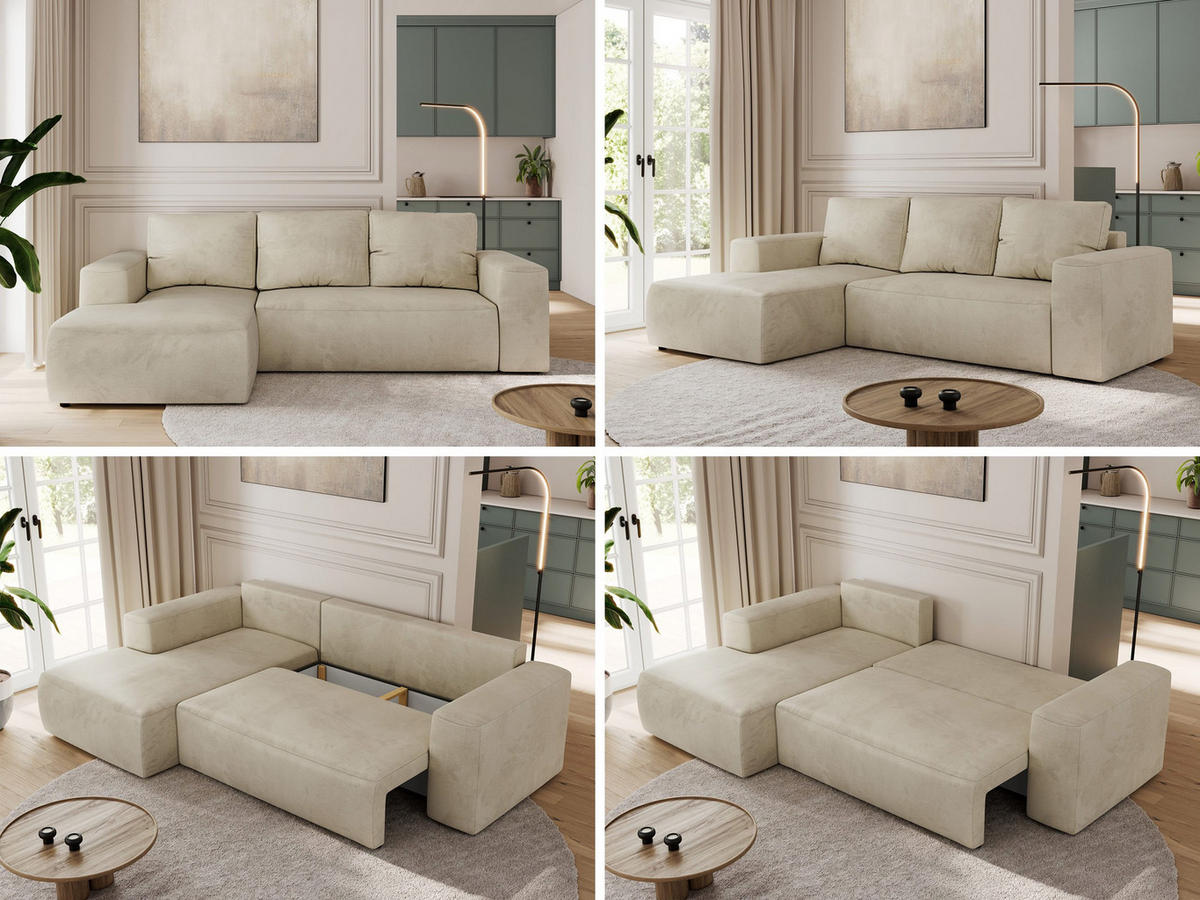 ECKSOFA TRENTINO L Beige Velvet - Links - Beige/Schwarz, Textil (266/164cm) - MKS