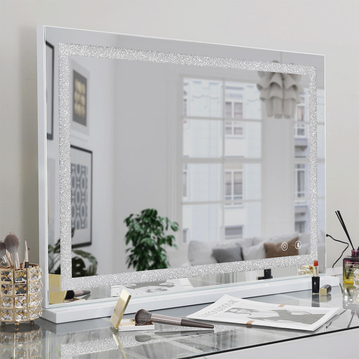 SCHMINKSPIEGEL mit LED Lichtleiste gestreute Diamanten und Bluetooth weiß 80/58 cm - Weiß, Metall (80/58/3cm) - VANITII