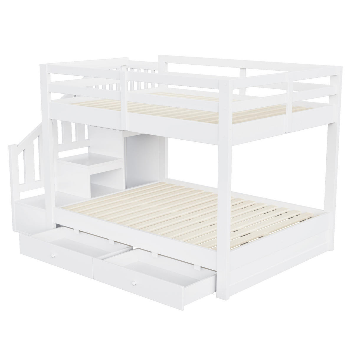 ETAGENBETT 140x200 cm Weiß mit Stauraumtreppe, Kleiderhaken und 2 Schubladen - Weiß, Holz (140/200cm) - Modfu