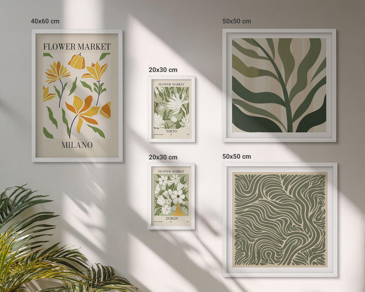 WANDBILDER 5er-Set - 50x50 cm & 20x30 cm & 40x60 cm Weißer Rahmen - Pflanzenmuster, Boho-Dekorationen - Weiß, Kunststoff (40/60cm) - ArtPrintCave